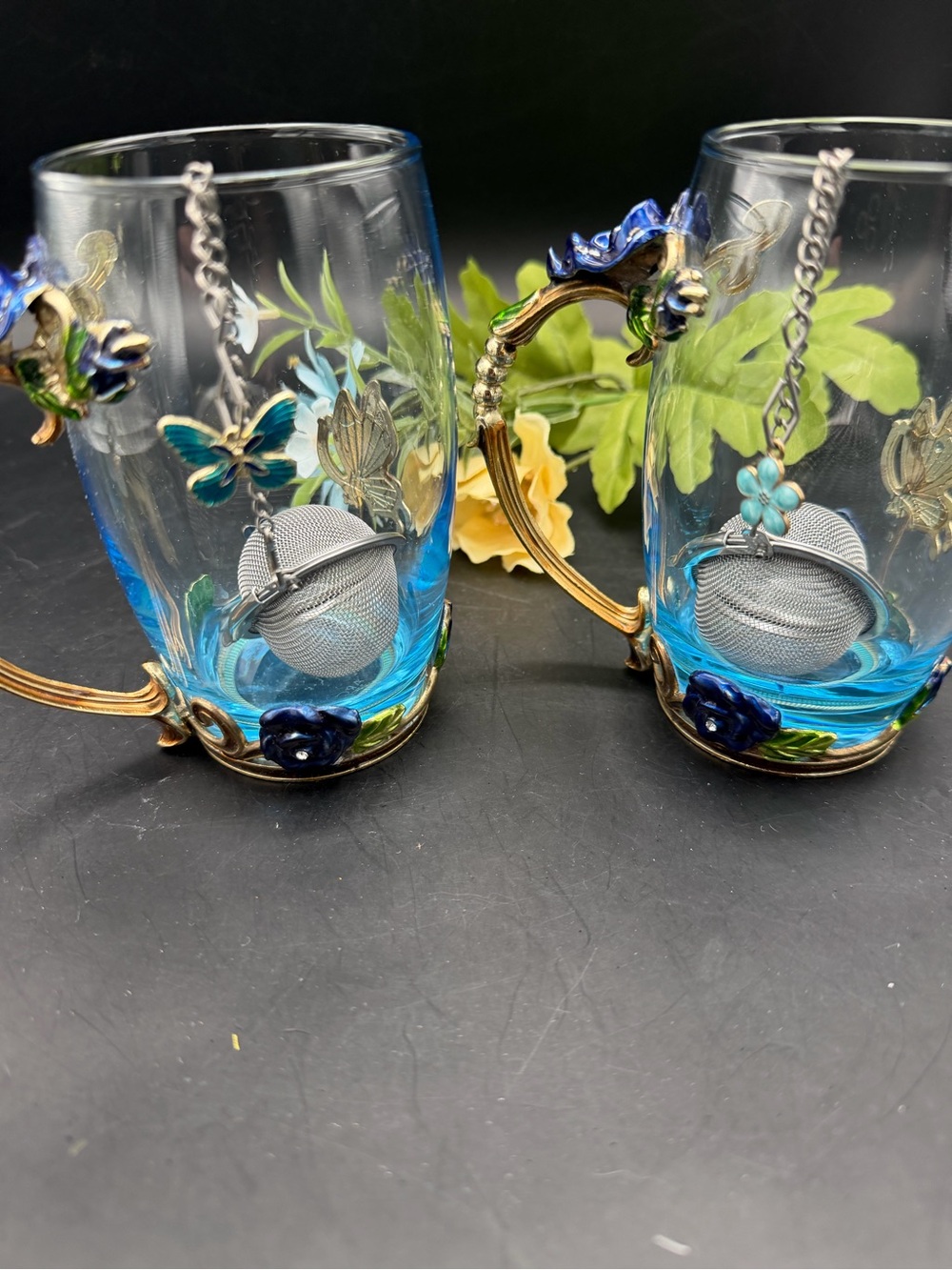 Decorative Blue Floral Glass Tea Mug with Infuser - Set of Two